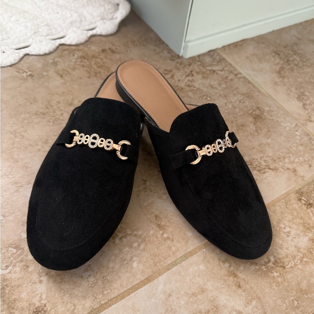 Black Suede Mule Loafers with Gold Chain Detail